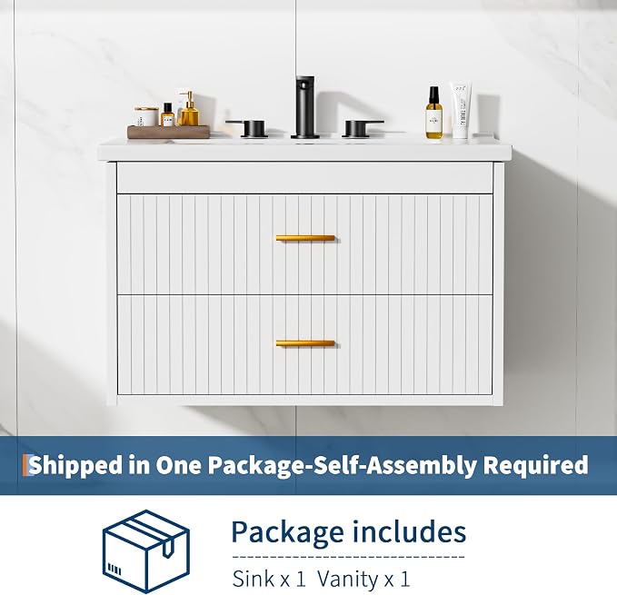 Floating Bathroom Vanity with Sink, 30 Inch Wall Mounted Fluted Vanity | Bathroom Cabinet with Ceramic Sink Top & 2 Soft-Close Drawers, Gold Metal Handle, Easy to Assembly White