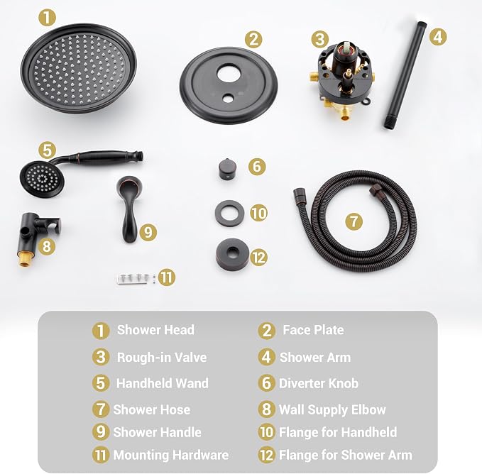 DASAN Rain Shower System Complete Antique Shower Faucet Sets, Shower Fixtures Combo with Pressure Balance Valve, Trim Kit, 9’’ Rainfall Overhead Shower & Handheld, Color Oil Rubbed Bronze AT209C-ORB