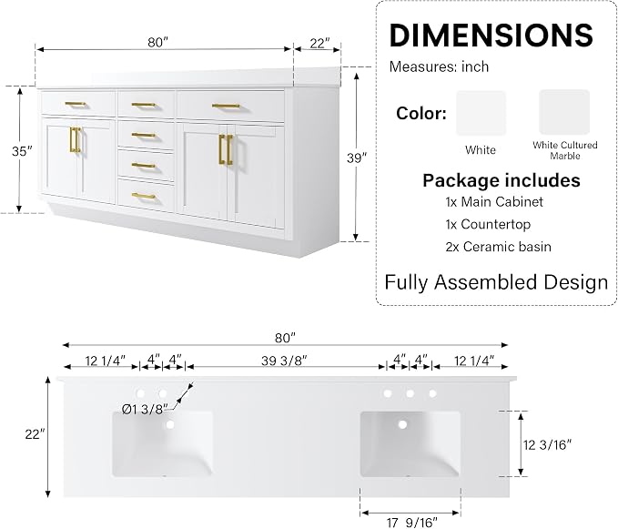 80-Inch Bathroom Vanity with Double Sinks W/ 4 Doors & 4 Drawers & 2 Flip Drawers, White Vanity W/Brushed Gold Handles