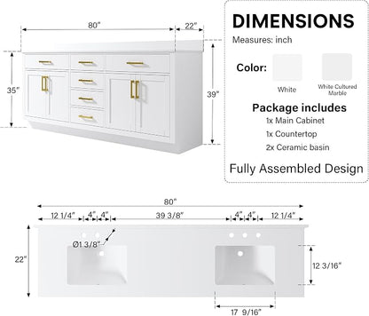 80-Inch Bathroom Vanity with Double Sinks W/ 4 Doors & 4 Drawers & 2 Flip Drawers, White Vanity W/Brushed Gold Handles