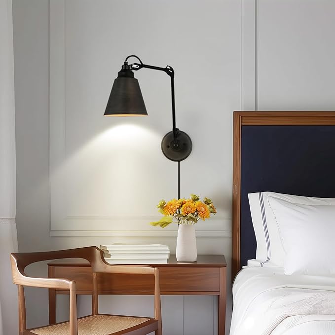 KSANA Modern 2 Pack Swing Arm Wall Sconce, Black Brushed Silver Plug-in or Hardwired Sconces Lighting, Adjustable Wall Mounted Lamp with On/Off Switch for Bathroom, Bedroom, Kitchen, Living Room