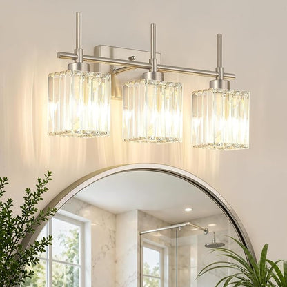 Torondo Modern Crystal Bathroom Vanity Light 3-Light Brushed Nickel Bathroom Light Fixtures Over Mirror Vanity Lighting Fixtures Square Shade Wall Sconce (Bulbs Not Include)