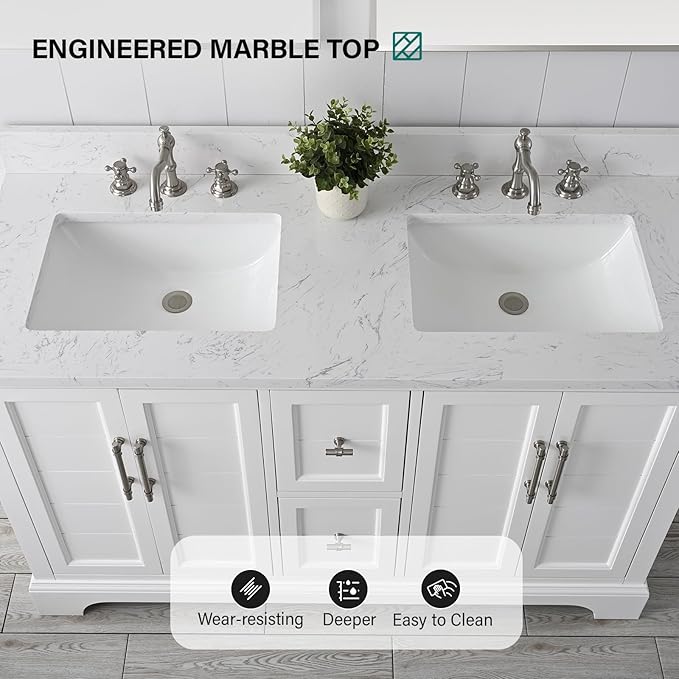 HOMEBEYOND 54 Inch Bathroom Vanity with Double Sink & Ceramic Top, Vanity Cabinet with Center Countertop Basin, Soft-Closing Doors, Backsplash, White