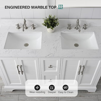 HOMEBEYOND 54 Inch Bathroom Vanity with Double Sink & Ceramic Top, Vanity Cabinet with Center Countertop Basin, Soft-Closing Doors, Backsplash, White