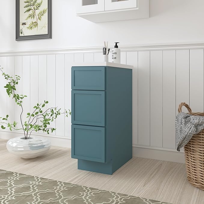 HomeBeyond 12 Inches Bathroom Vanity Base Cabinet Without Sink, Sturdy Floor Mounted Cabinet with Door & Soft Closing Drawers, 3 Drawers, Green