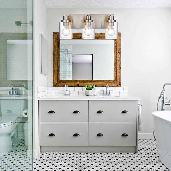 3 Light Bathroom Vanity Light Brushed Nickel Bathroom Lighting Fixtures Over Mirror with Clear Glass Shade, Modern Farmhouse Wall Sconces Vanity Lights for Bedroom Living Room