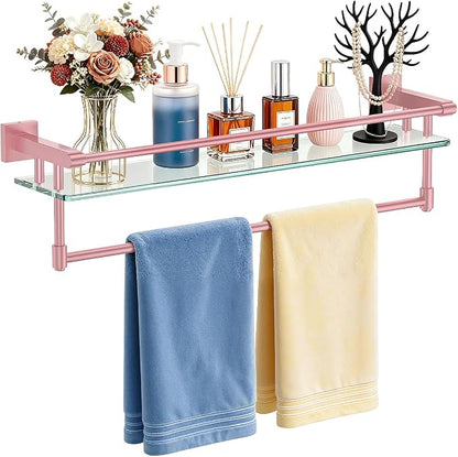 Bathroom Glass Shelf Towel Rack Shelf Glass Organizer Wall-Mounted Bathroom Storage SUS304 Stainless Steel Towel bar/Track Wall-Mounted Tempered Glass Stainless Steel Shelf (Pink, 24‘’ with Railing)