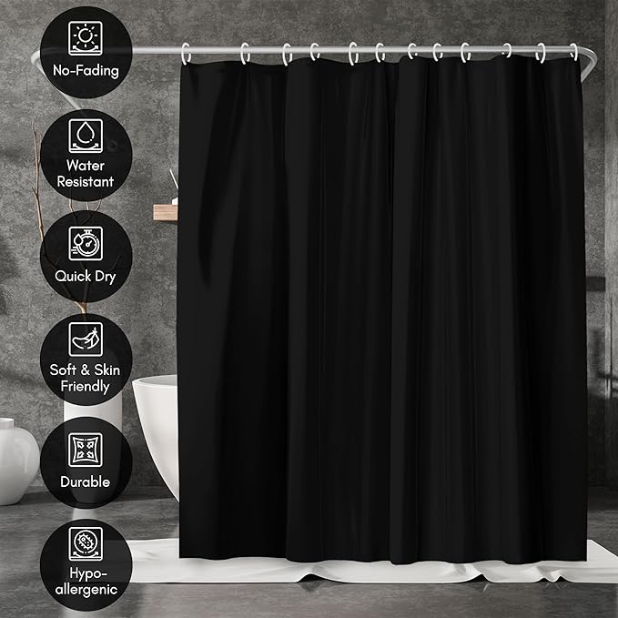 Americanflat 71x74 Solid Black Shower Curtain - Water-Resistant Long Shower Curtain with Durable Metal Grommets and 12 Hooks - 100% Polyester