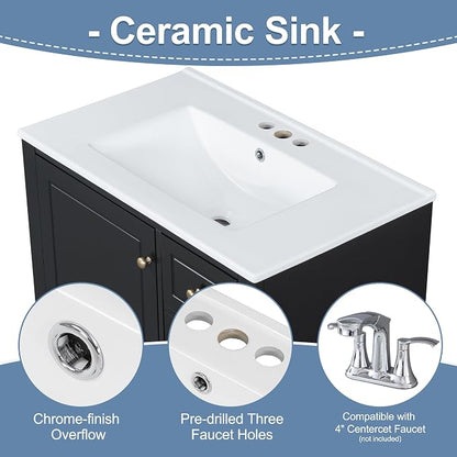 30" Vanity with Sink, Bathroom Vanities 30 Inch with Sink, Single Sink Bathroom Vanity with Door Shelf and Three Drawers, Restroom Vanity with Sink Top (Black)
