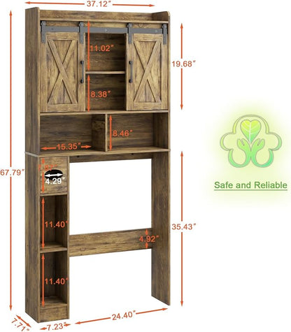 Vabches Over The Toilet Storage Cabinet with Sliding Doors, Rustic Brown | Farmhouse Storage Cabinet Over Toilet, Home Space-Saving Toilet Rack, Toilet Paper Holder Stand,for Restroom,Bathroom,Laundry