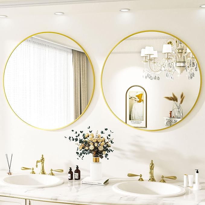 Round Mirror 36" Gold Wall Mounted Circle Mirrors Vanity Mirror with Aluminum Alloy Frame Modern Decoration for Bathroom, Living Room, Vanity, Bedroom, Entryway