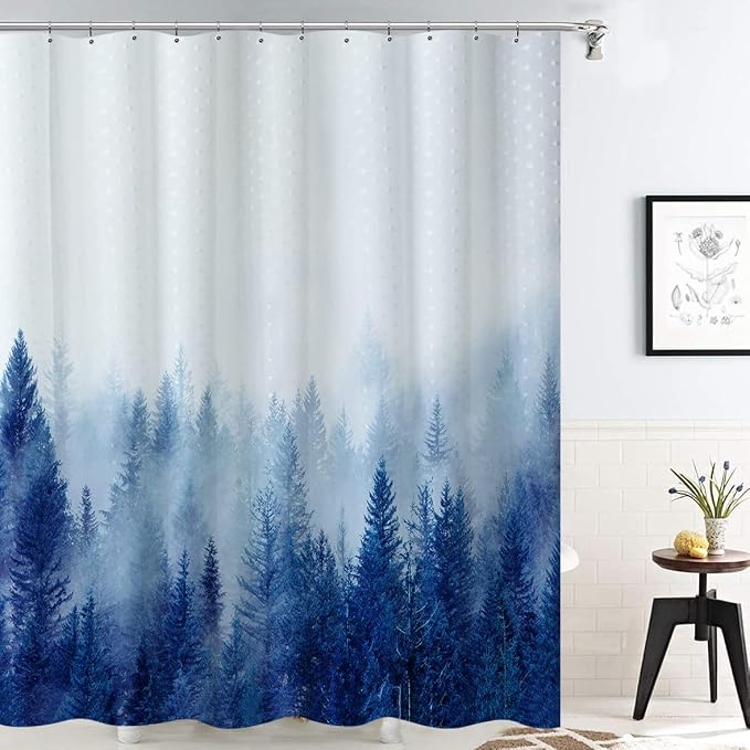 ORTIGIA Blue Misty Forest Shower Curtain Set,Nature Mountain Shower Curtain with Hooks,Fantasy Fog Tree Bath Curtain for Bathroom,Waterproof Polyester Fabric-70 Wx72 L