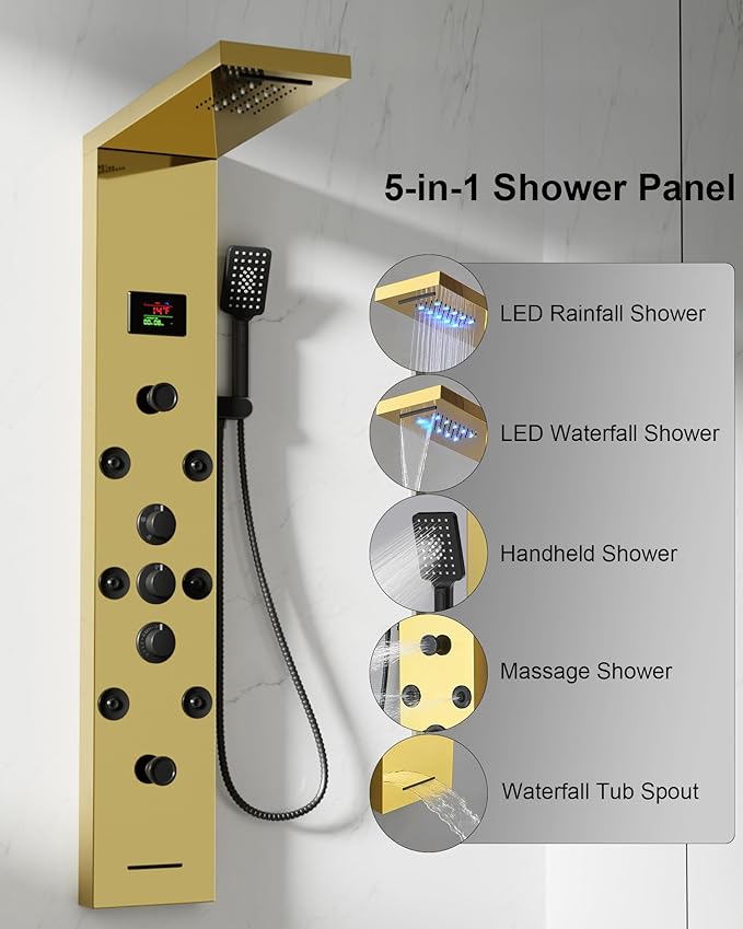 Homevacious Polished Gold 5 In 1 Shower Panel Tower System LED Rain Waterfall Shower Head and Adjustable Massage Body Jets 3 Settings Handheld Head and Tub Spout Stainless Steel Bathroom Panel