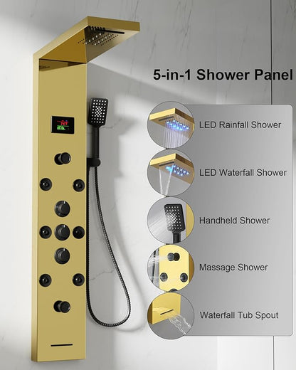Homevacious Polished Gold 5 In 1 Shower Panel Tower System LED Rain Waterfall Shower Head and Adjustable Massage Body Jets 3 Settings Handheld Head and Tub Spout Stainless Steel Bathroom Panel