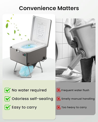 LE-310 Compact Dry Flush Toilet for Van Life and Off-Grid, Gray | Self-Contained rechargeable, Foldable design, no plumbing setup, easy storage, made for RVs, road trips, cabins and marine