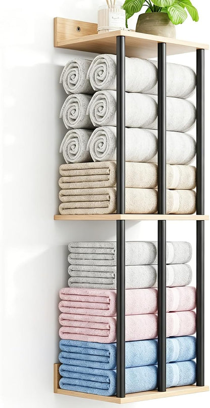 Towel Racks for Bathroom Wall Mounted with Wooden Storage Shelf | Updated 3 Bar Metal Towel Holder for Rolled Towels, Sturdy and Large Capacity, Towel Storage Organizer