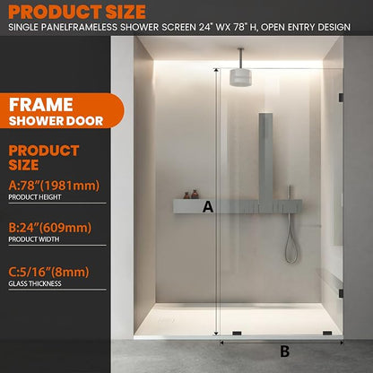 Shower Panel, 24"×78" Shower Glass Screen for Open Walk-in Bathroom, 5/16" (8mm) Clear Tempered Glass, Fixed Hinged Framless Shower Door，Matte Black