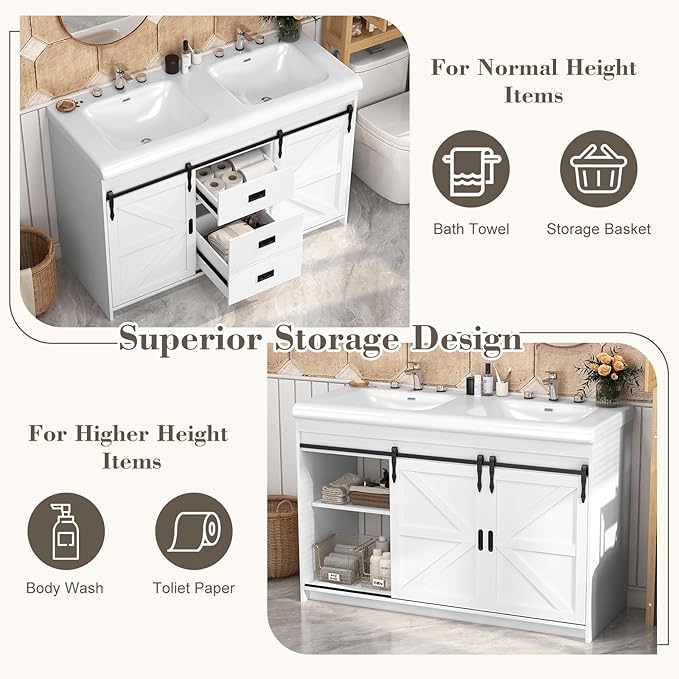 48 inch Bathroom Vanity with Sink,Double Bathroom Vanity with Sink Combo,Farmhouse Bathroom Vanity with 2 Sliding Doors&2 Drawer,White,48”*19.7“*35.5”
