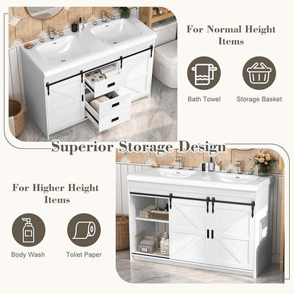 48 inch Bathroom Vanity with Sink,Double Bathroom Vanity with Sink Combo,Farmhouse Bathroom Vanity with 2 Sliding Doors&2 Drawer,White,48”*19.7“*35.5”