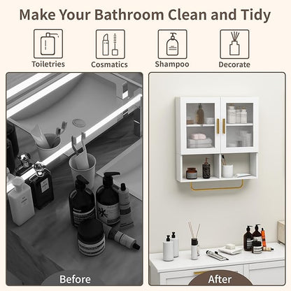 Wall Mounted Bathroom Storage Cabinet Medicine Cabinet with Acrylic Doors & Towel Bar Adjustable Shelves for Bathroom, Laundry Room, Bedroom, Enterway