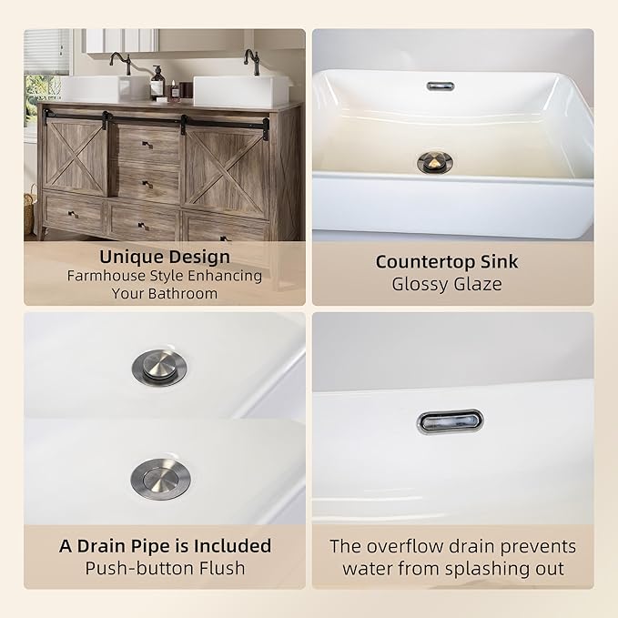 VNN Bathroom Vanity with Sink - 60 Inch Bathroom Vanity Double Sink Ceramic, Freestanding Cabinet with 2 Farmhouse Sliding Barn Doors and 5 Drawers, Space-Saving Storage Cabinet, Grey Wood Grain