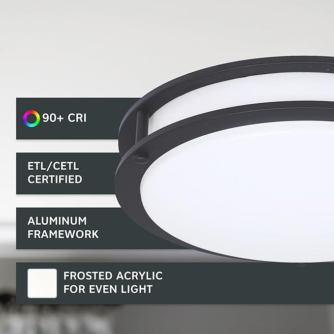 Designers Fountain Flush Mount Ceiling Light, 10 Inch Round LED DC Lighting Fixture Kitchen, Bedroom, Bathroom, and Hallway, Dimmable, 1150 Lumens, 3000K/4000K/5000K, Matte Black, EV1410C3C-43