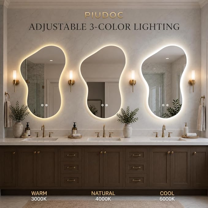 Irregular Led Bathroom Mirror with Lights 23x36 Inch, Backlit Asymmetrical Led Bathroom Mirror for Wall, Lighted Vanity Mirror with Lights, Anti-Fog, Dimmable 3 Colors, Shatter-Resistant