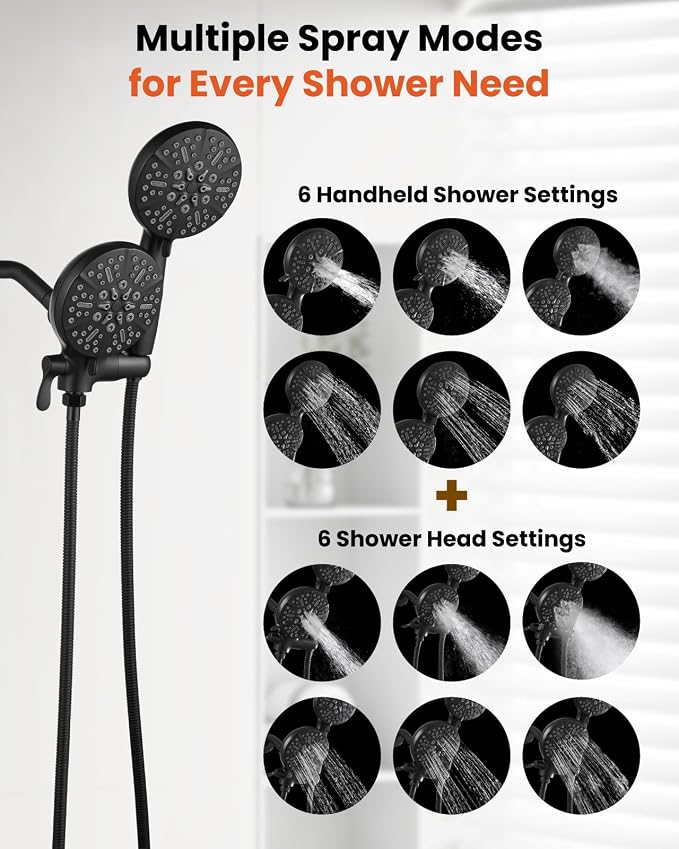 gotonovo Dual Shower Head with Valve 6 Mode Handheld Spray Matte Black | 6 Mode ABS Rain Head with Handheld Spray,2 in 1 Bathroom Trim Kit,Shower Head and Handle Set,Brass Rough-in Valve,Wall Mount