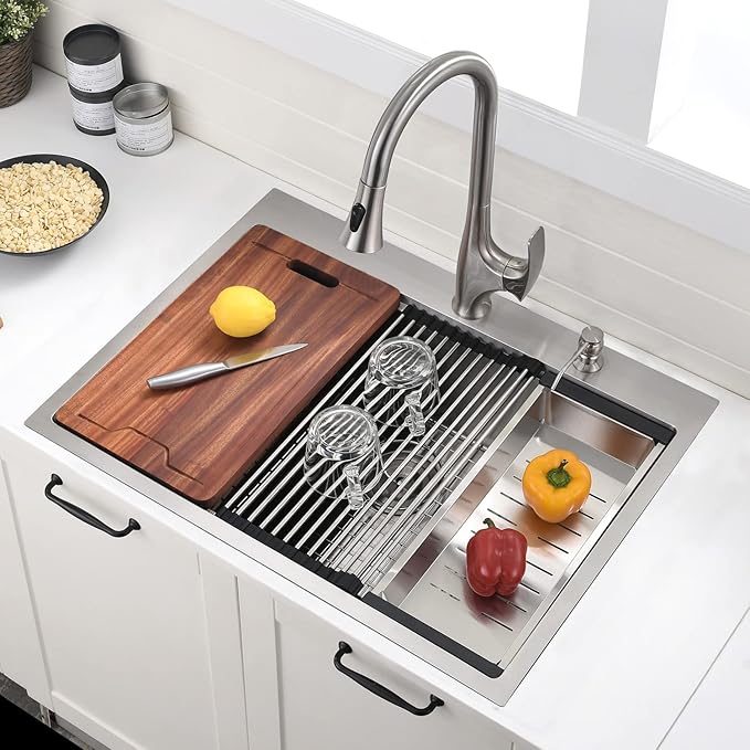 30 Inch Drop In Kitchen Sink Workstation Stainless Steel - VOKIM 30 x22-Inch Single Bowl Kitchen Sink 16 Gauge Stainless Steel 10'' Deep Handmade Kitchen Sink with Cutting Board& Strainer