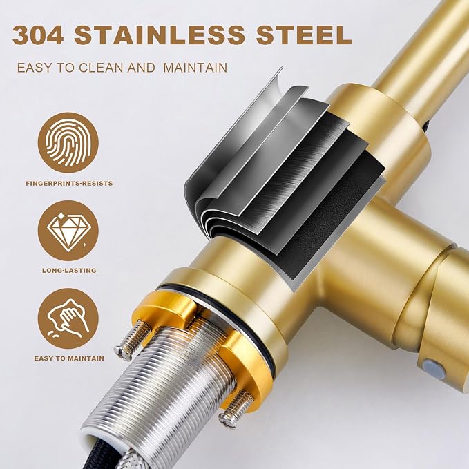 Gold Bathroom Sink Faucet with Pull Down Sprayer | 2 Mode Sprayer, with Deck Plate for 1 or 3 Hole, 360° Swivel, with Pop Up Drain for Vanity Bar RV Basin Laundry Kitchen