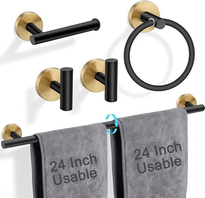 5-Piece Black Gold Bathroom Hardware Set, SUS304 Stainless Steel Wall Mounted Bathroom Accessories, 24 Inch Towel Bar, Towel Ring, Toilet Paper Holder, 2 Hooks, Rustproof Modern Bathroom Fixtures