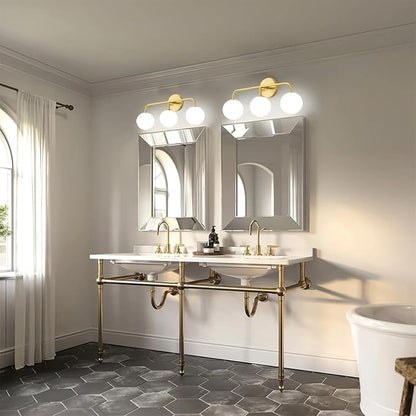 Gold Bathroom Vanity Lights, Mid Century Modern 3-Light Bathroom Lighting Fixtures Over Mirror, Brushed Gold Bathroom Lights Wall Sconce with Frosted Globe Milk Glass Shade, Wall Mount Light Fixture