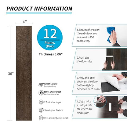 Art3d 12-Pack Wood Texture Peel and Stick Vinyl Flooring Tiles, Brown Stone | 18 & 54 sq.ft Options, Rigid Surface Hard Core, Waterproof, Self-Adhesive, Impact Resistant, Fit Indoor Household Spaces