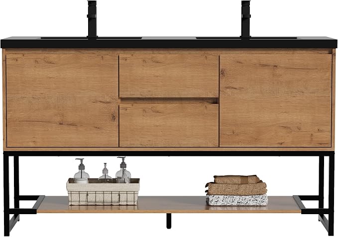 LUCKWIND 60" Modern Bathroom Vanity with Dual Black Sink Combo, Freestanding Storage Cabinet with Metal Frame, Water-Saving Faucet and Open Shelf and 2 Soft-Closing Door, Natural