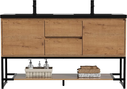LUCKWIND 60" Modern Bathroom Vanity with Dual Black Sink Combo, Freestanding Storage Cabinet with Metal Frame, Water-Saving Faucet and Open Shelf and 2 Soft-Closing Door, Natural