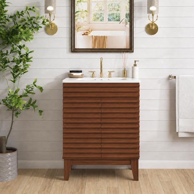 24 Inch Bathroom Vanity with Sink, Walnut Fluted Freestanding Bathroom Vanity Cabinet with Ceramic Sink Top, Solid Wood Legs, Soft Close Double Doors and Modern Storage Cabinet