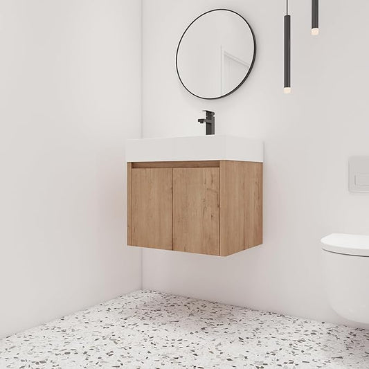 Malwee 24 Inch Floating Bathroom Vanity with Sink, 24'' Single Sink Wall Mounted Bathroom Vanity, with 2 Doors and White Resin Basin Top, Wall Hung Storage Cabinet Set (035-24)