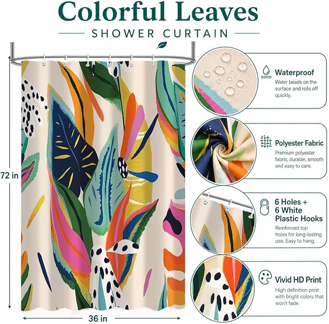Colorful Abstract Shower Curtain, Floral Boho Modern Asthetic Plant Bathroom Curtain, Waterproof Polyester Fabric Shower Curtain Set with Hooks 36x72 Inch