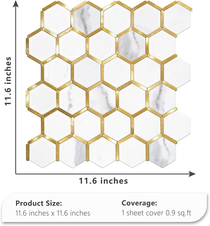STICKGOO Hexagon Peel and Stick Backsplash Tile, Stick on Backsplash for Kitchen and Bathroom, White Marble Look PVC Mixed Metal Gold Self Adhesive Metal Mosaic Tiles(Sample, Seamless)