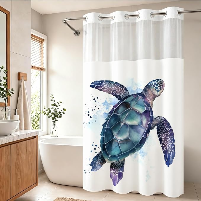 Funny Sea Turtle Shower Curtains Ocean Animal Cartoon Kids Theme No Hook Waffle Weave Shower Curtain with Snap in Liner Polyester Fabric Bathroom Decor Set 60 W x 74 H Inch Teal Purple