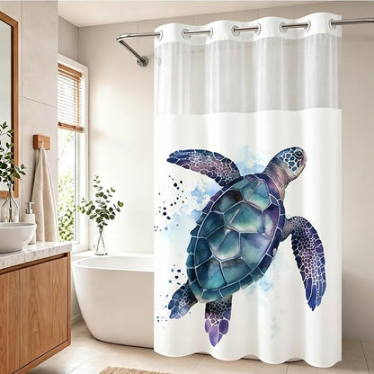 Funny Sea Turtle Shower Curtains Ocean Animal Cartoon Kids Theme No Hook Waffle Weave Shower Curtain with Snap in Liner Polyester Fabric Bathroom Decor Set 60 W x 74 H Inch Teal Purple