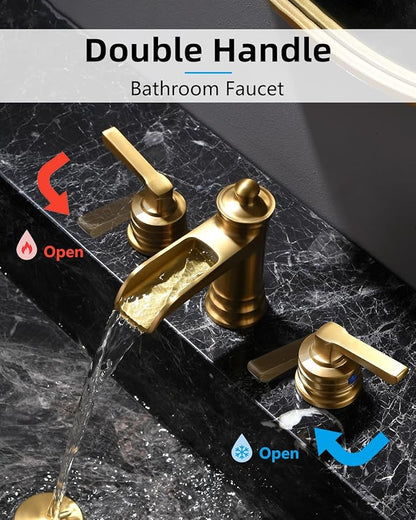 Fapully Brushed Gold Bathroom Sink Faucet, Waterfall Bathroom Faucets 3 Hole, 8 Inch Widespread Bathroom Faucet with Pop-up Drain, 2-Handle Faucet for Bathroom Sink Vanity RV
