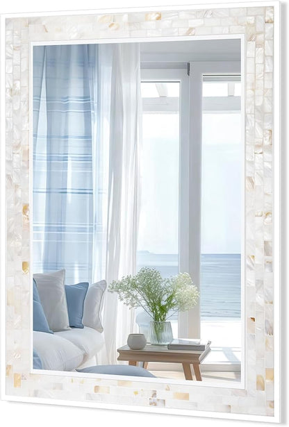 Tanmicoshomy White 24 x 36 Inch Rectangle Bathroom Mirrors for Wall, Natural Shell Framed Wall Mounted Mirror for Bedroom, Living Room or Entryway, Horizontal or Vertical Hanging