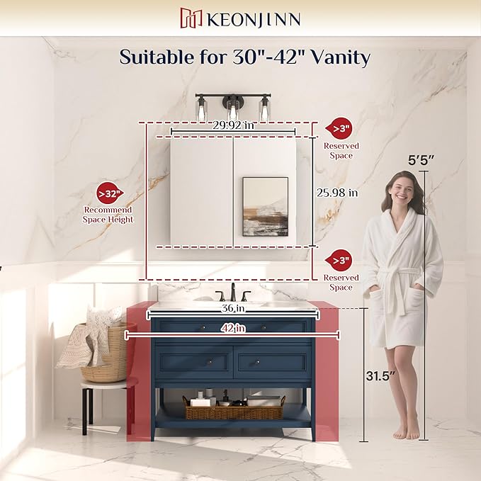 Keonjinn 30"x26" White Bathroom Mirror Cabinet, Lightweight Aluminum Frame | Effortless Assembly, Safe HD Tempered Glass, Wall-mounted or in Wall, Adjustable Shelves, Soft Close, Medicine Cabinets