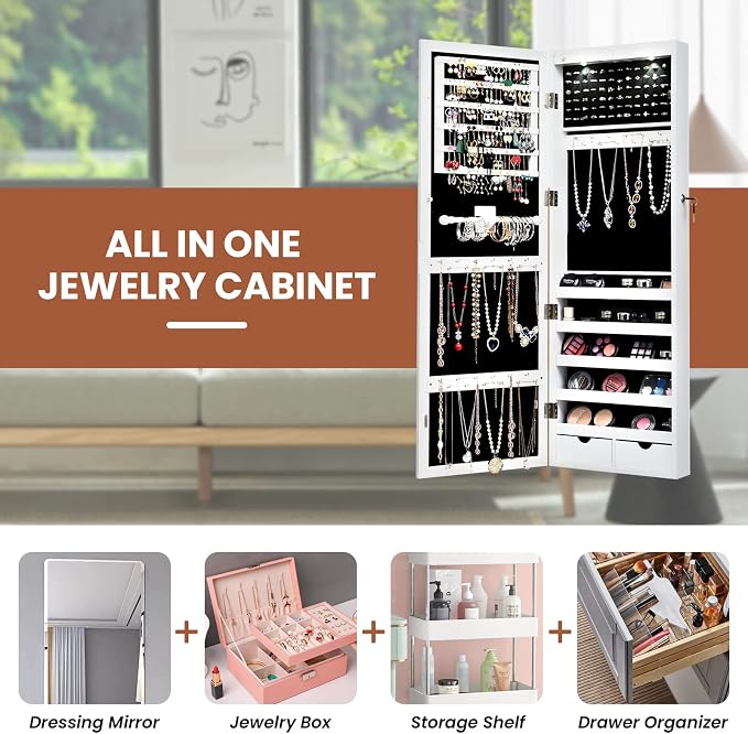 NAFORT 15 LEDs Lockable Mirror Jewelry Armoire Organizer, Christmas Gift Wall Door Mounted Storage Cabinet with Full-Length Mirror, Folding Tray,5 Storage Shelves, White