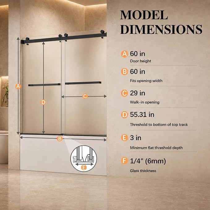 Frameless Shower Door,Frosted Sliding Shower Door for Bathtub, 56-60" W x 60" H-1/4” (6mm), 304 Stainless Steel Hardware, Nano Easy-Clean Glass, Quiet Rollers, Matte Black