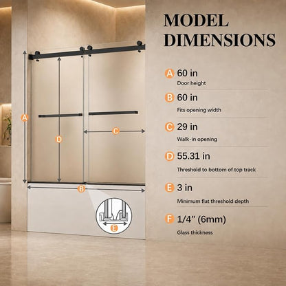 Frameless Shower Door,Frosted Sliding Shower Door for Bathtub, 56-60" W x 60" H-1/4” (6mm), 304 Stainless Steel Hardware, Nano Easy-Clean Glass, Quiet Rollers, Matte Black