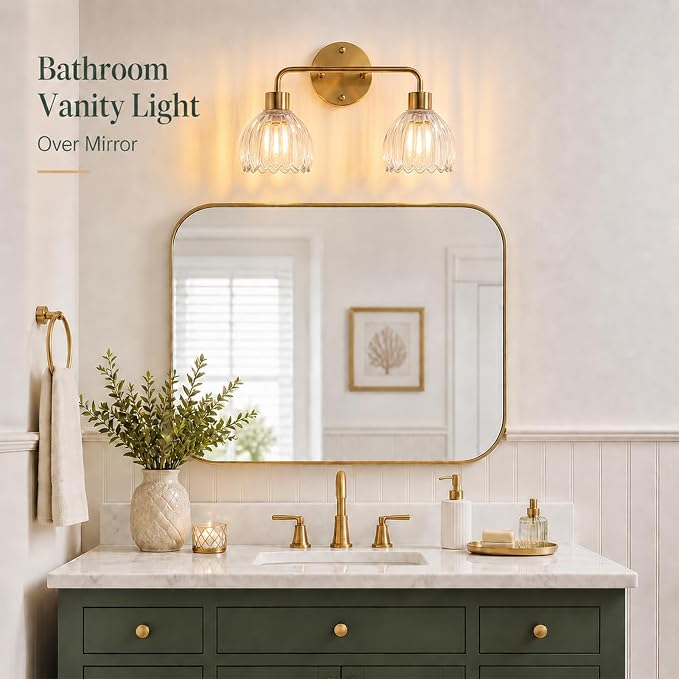 2-Light Gold Brass Bathroom Light Fixture with Clear Tulip Glass Shade,Wall Sconces,Vintage Vanlity Light Over Mirror,Bathroom Wall Light,E26 Socket(Bulbs Not Included)