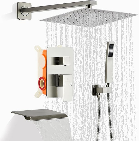 Brushed Nickel Rainfall Shower Faucet Set with Tub Spout 12 Inch | Shower Head and Handle for Bathroom Rain Shower and Handheld Shower System Square Wall Mount