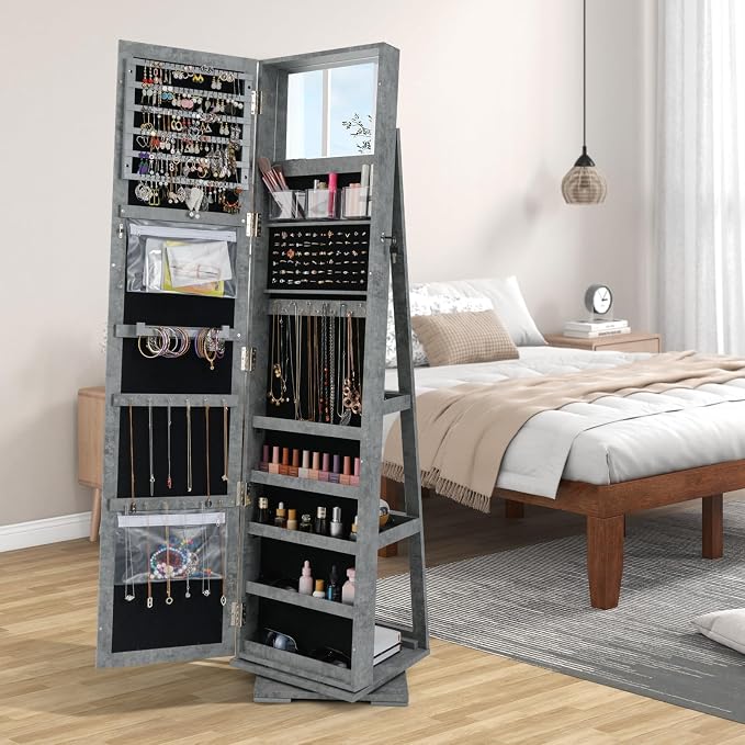 CHARMAID 360° Swivel Jewelry Armoire with Full Length Mirror, Standing Lockable Jewelry Cabinet Organizer, Large Storage Capacity, Inside Makeup Mirror, Back Storage Shelves (Stone Gray)